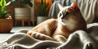Un chat détendu reposant sur une couverture dans un intérieur chaleureux, mettant en valeur son bien-être et sa santé.