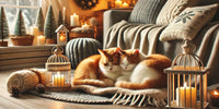 Deux chats domestiques interagissent paisiblement sur une couverture dans un intérieur chaleureux avec une ambiance hivernale, mettant en avant la complicité et l’harmonie.