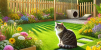 Un jardin sécurisé et vibrant au printemps, conçu pour les chats, avec des plantes non toxiques, des fleurs colorées, et un espace détente pour les félins.