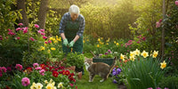 Chat explorant un jardin printanier fleuri, attention aux dangers pour sa sécurité.