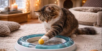 Chat à poils longs jouant avec un jouet interactif circulaire – activités d’intérieur en hiver pour chat actif dans un salon cosy 🐱 | Au Paradis du Chat