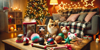 Jouets de Noël pour chats en 2024 : gadgets interactifs, balles écologiques, et jouets en plumes dans un cadre festif