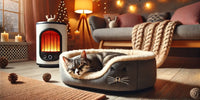 Chat paisiblement endormi dans un lit chauffant moderne, entouré d’un décor hivernal chaleureux, illustrant le confort et la chaleur pour les chats en hiver.