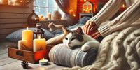 Chat détendu recevant un massage dans un cadre chaleureux et hivernal, illustrant les bienfaits des massages pour le confort et le bien-être en hiver.