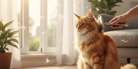 Un chat roux à poil long assis dans un salon lumineux, brossé par une main humaine pour retirer les poils morts flottant dans la lumière du soleil près d'une fenêtre.