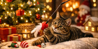 Chat tigré joue avec un jouet à plumes devant le sapin de Noël et les cadeaux – activités de réveillon avec son chat 🎄 | Au Paradis du Chat