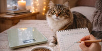 Chat tigré surveillé sur le lit – balance, gamelle de croquettes et carnet de suivi du poids 2026, ambiance cocooning ✨ | Au Paradis du Chat