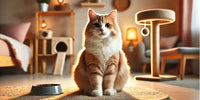Chat en bonne santé assis confortablement dans un environnement chaleureux avec des jouets et un arbre à chat, illustrant la prévention de l'embonpoint chez les chats stérilisés.