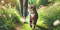 Un chat marchant en laisse avec son propriétaire dans un cadre printanier verdoyant, entouré de fleurs et de lumière douce.