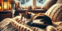 Chat confortable à l'intérieur en hiver, près d'une fenêtre avec vue sur la neige, illustrant la protection et le bien-être en période froide.