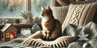 Chat assis confortablement près d'une couverture dans un cadre hivernal chaleureux, illustrant les précautions à prendre pour protéger les chats en hiver.