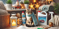Chat assis en sécurité dans un intérieur chaleureux, entouré de produits hivernaux comme l’antigel et le sel de déneigement, symbolisant les risques domestiques en hiver.