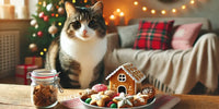 Chat curieux assis près d’une assiette de friandises maison sur une table décorée, illustrant des recettes hivernales adaptées pour chats.