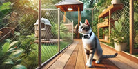 Chat en extérieur dans un jardin sécurisé, avec un collier GPS et des clôtures protectrices, symbolisant la sécurité des animaux de compagnie.