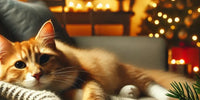 Chat détendu dans un intérieur festif et chaleureux, décoré pour les fêtes, évoquant un séjour serein pour les animaux pendant la période des fêtes.
