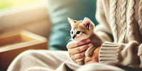 Chaton curieux tenu doucement dans une main humaine, symbolisant le début de la socialisation pour un chaton adopté tardivement.