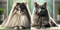 Comparaison visuelle d'un chat à poils longs et d'un chat à poils courts, montrant les différences de texture de pelage dans un environnement naturel et confortable.