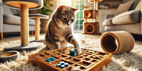 Chat d'intérieur jouant avec un jouet interactif dans un environnement stimulant avec des éléments comme un arbre à chat, des tunnels et des jouets, reflétant un espace adapté à son bien-être et à sa curiosité.