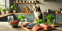 Chat curieux observant un plateau de viandes crues dans une cuisine lumineuse et moderne, symbolisant la transition vers une alimentation crue pour chats.