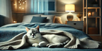 Chat paisible endormi dans une chambre calme et cosy avec un éclairage doux, illustrant un environnement propice au sommeil.