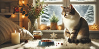 Chat relaxé près d'une fenêtre ensoleillée en hiver, avec un bol de nourriture équilibrée, illustrant le bien-être et l'importance de la santé en hiver.