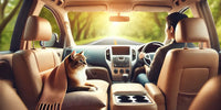 Chat relaxé dans une voiture, symbolisant un voyage sans stress, avec lumière douce à travers les fenêtres.