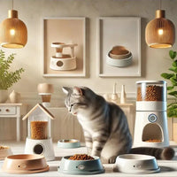 Chat tigré à côté de gamelles design et distributeurs automatiques de croquettes. Accessoires modernes pour une alimentation pratique, disponibles sur Au Paradis du Chat.