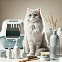 Chat blanc à côté d'une litière fermée et d’accessoires d’hygiène : brosses, shampoing et soins. Produits essentiels pour un chat propre et en bonne santé, disponibles sur Au Paradis du Chat.