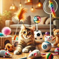 Chat joueur entouré de jouets interactifs : balles, peluches, canne à plume et jouet électronique. Idéal pour stimuler et divertir, disponible sur Au Paradis du Chat.