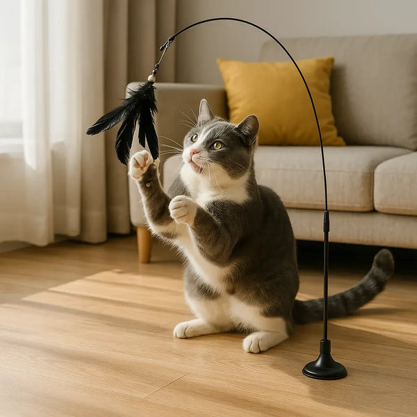 Chat de gouttière gris et blanc jouant avec une canne à plumes noires – Jouet ventousé – Au Paradis du Chat