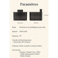 Paramètres techniques de la fontaine à eau intelligente pour chat – Dimensions, batterie 2600 mAh, matériaux et accessoires inclus