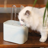 Chat blanc qui boit dans la fontaine à eau silencieuse
