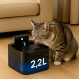 Chat tigré buvant à une fontaine à eau automatique – Grande capacité de 2,2 L idéale pour l’hydratation quotidienne des chats