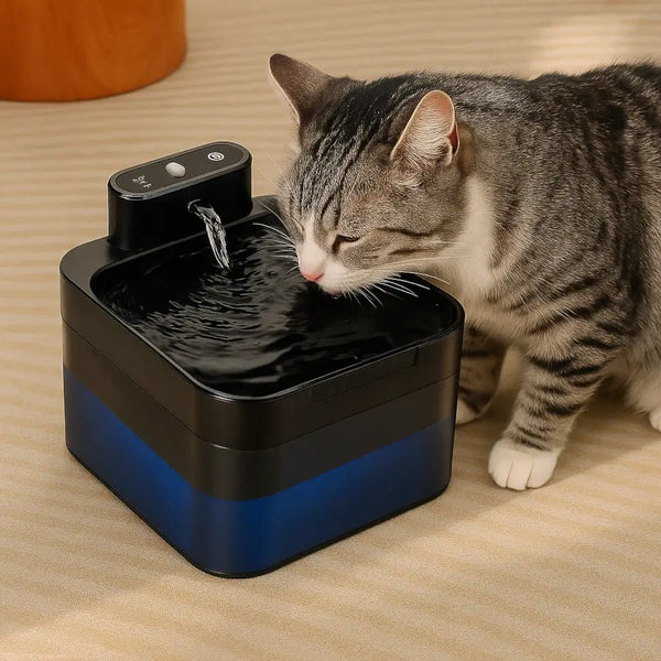 Chat gris et blanc buvant à une fontaine à eau intelligente – Hydratation optimale avec capteur automatique