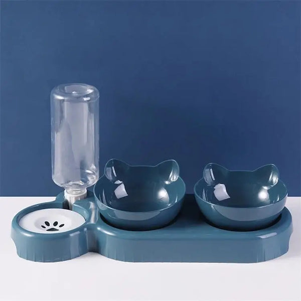 Gamelle pour chat 3 en 1 Bleu - Deux bols avec oreilles de chat et bouteille renversée