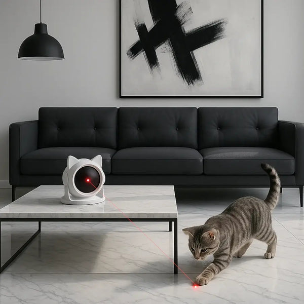 Jouet laser automatique pour chat avec rotation 360° – Chat tigré jouant au laser dans un salon moderne – Au Paradis du Chat