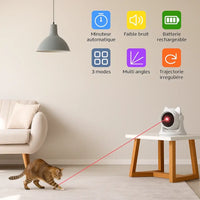 Jouet laser automatique pour chat – Présentation des fonctionnalités : minuterie, faible bruit, batterie rechargeable, 3 modes, multi-angles, trajectoire irrégulière – Chat jouant au laser dans un salon cosy – Au Paradis du Chat