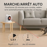 Jouet laser automatique pour chat – Fonctionnement intelligent : 10 minutes de jeu, arrêt automatique, redémarrage toutes les 1,5 h – Chat jouant avec le faisceau dans un salon – Au Paradis du Chat