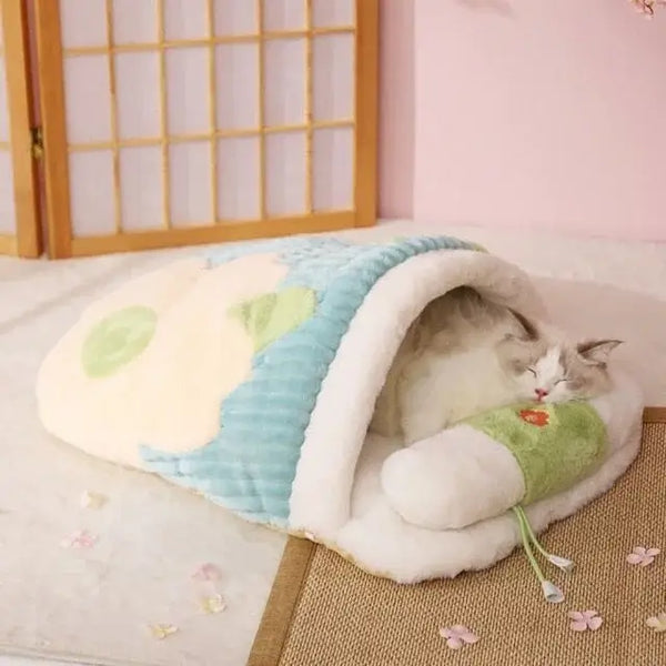 Lit chaud pour chat - Sac de couchage doux et confortable + Oreiller - Bleu