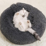 Chat allongé confortablement sur le dos dans son lit en peluche apaisant et relaxant