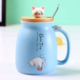 Tasse Chat en céramique bleu - Couvercle bois, cuillère et tête de chat