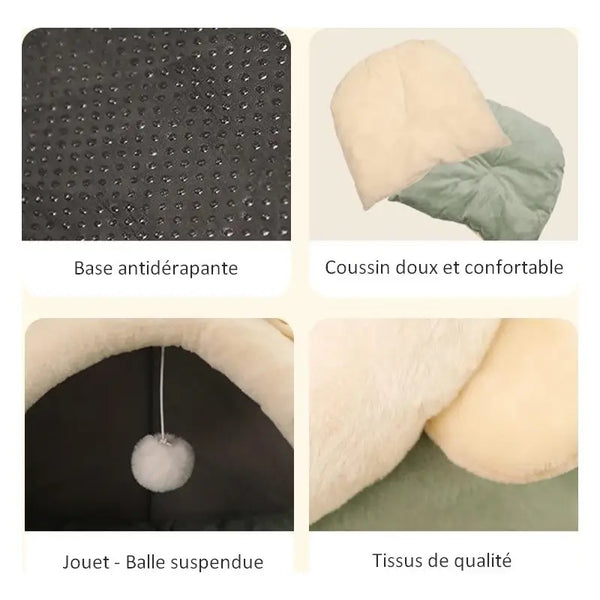 Un couchage pour chat idéal : Base anti-dérapante, tissu de qualité, coussin doux et confortable et jouet avec la balle suspendue