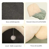 Détails du nid douillet pour chat avec base antidérapante, coussin doux et confortable, balle suspendue et tissus de qualité, offrant un espace apaisant et sécurisant pour votre chat.