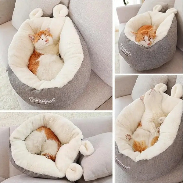 4 photos d'un chat faisant la sieste dans son panier et dans des positions différentes