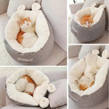 4 photos d'un chat faisant la sieste dans son panier et dans des positions différentes
