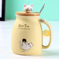 Tasse Chat en céramique beige - Couvercle bois, cuillère et tête de chat