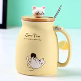 Tasse Chat en céramique beige - Couvercle bois, cuillère et tête de chat