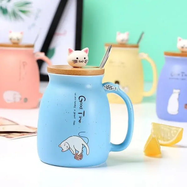Tasse Chat en céramique - Mug avec cuillère et couvercle tête de chat – Au  Paradis Du Chat