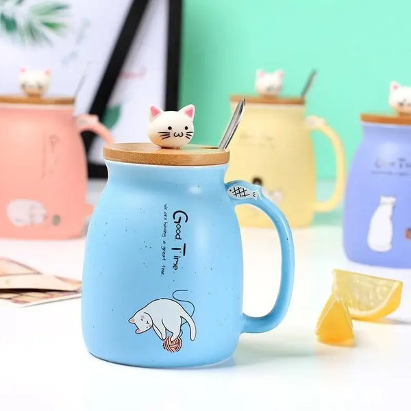 Tasse Chat Avec Cuillère – Céramique Blanche Et Rose – 11,69 Oz – Old East Main Co