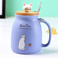 Tasse Chat en céramique violet - Couvercle bois, cuillère et tête de chat
